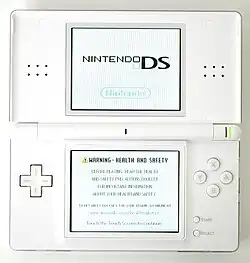 The Nintendo DS Lite, turned on and fully open