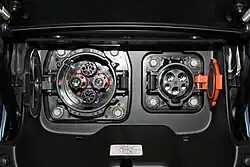 CHAdeMO charging inlet (left) on a Nissan Leaf. An SAE J1772 inlet is also shown on the right.