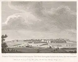 North view of Bangalore from the pettah (view from the present Avenue Road, facing Fort) shewing the curtain and bastions that were breached, by Robert Home (1752–1834)[41]