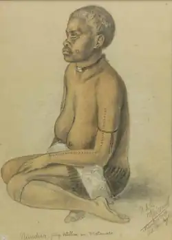 Watercolour of a Fijian woman seated on the floor, with her legs tucked beneath her. She is wearing a liku, beneath which the veiqia around her hips are visible. She is shirtless, wearing a necklace and has a shaved head. Her left arm is resting in her lap.