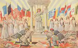 "The Allies -- France, Belgium, America, England, Portugal, Greece, Romania, Serbia, Montenegro, and Italy impose peace to the Central Powers", c.1920