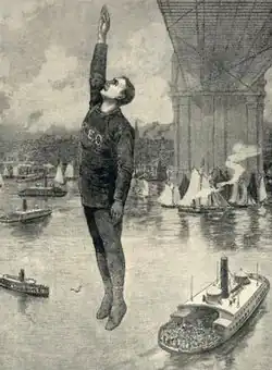 A sketch depicting Robert E. Odlum jumping from the bridge