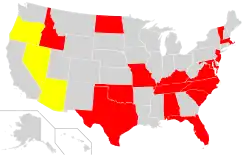 A map of the United States with Alabama, Florida, Idaho, Kentucky, Maryland, Massachusetts, Missouri, New Jersey, North Carolina, North Dakota, South Carolina, Tennessee, Texas and Vermont marked in red to designate the states with official horse breeds or states that have horses or horse breeds as their official state animal. Arizona and Oregon are marked in yellow to designate that they have had proposed state horse breeds.