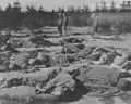 American soldiers walk past the bodies of prisoners killed during evacuation.