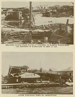 Two images, one showing bodies being collected and the other depicting destruction at a waterfront