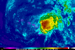 Animated infrared satellite imagery of Tropical Storm Olivia making landfalls on Maui and Lanai, Hawaii, on September&nbsp;12