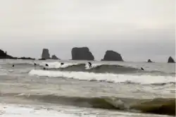 People surfing along a rocky coastline on a gray day