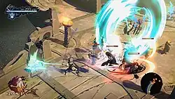 A three quarters view from overhead of a combat scene between the protagonist and several enemies. There is a radar map in the lower right, a percentage gauge in the lower left, and in the upper left a health bar as well as a level indicator. The enemies are in shades of black, the surroundings are in shades of earthy brown, and the heroes blade glows blue, having just caused a burst of neon blue light, indicating an attack has just occurred.