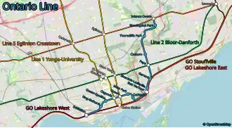Geographic Map of the Ontario Line and all connections. Map by OpenStreetMap.
