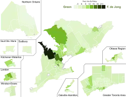Support for Green Party candidates by riding
