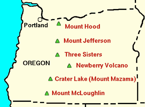 The Three Sisters are in a north–south row of major volcanoes in Oregon. From north to south: Mount Hood, Mount Jefferson, Three Sisters, Crater Lake, and Mount McLoughlin. Newberry Volcano is displaced to the east, between Three Sisters and Crater Lake
