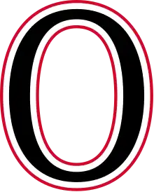Large black 'O' in front of red and black horizontal stripes