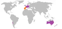 A map of the world showing the regions where the European rabbit is native and non-native