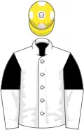 White, black and white halved sleeves, yellow cap, white spots
