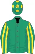 Emerald green, yellow striped sleeves, emerald green cap, yellow spots