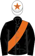 Black, orange sash, white cap, orange star