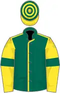 Dark green, yellow seams, yellow sleeves, dark green armlet, yellow and dark green hooped cap