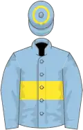 Light blue, yellow hoop on body and cap