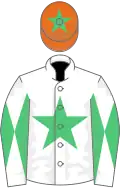 WHITE, emerald green star, diabolo on sleeves, orange cap, emerald green star