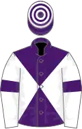 Purple and white diabolo, white sleeves, purple armlets, purple and white hooped cap