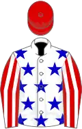 White, blue stars, red and white striped sleeves, red cap