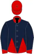Dark Blue and Red halved horizontally, red collar, dark blue sleeves, red cuffs, red cap