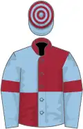 Maroon and light blue (quartered), light blue sleeves, maroon armlets, hooped cap