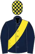 Dark blue, yellow sash, checked cap