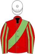 Red, light green sash, striped sleeves, white cap