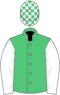 Emerald green, white sleeves, emerald green and white check cap