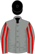 Grey, red striped sleeves, black cap