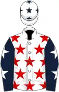 White, red stars, dark blue sleeves, white stars, white cap, dark blue stars