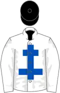 White, royal blue cross of lorraine, black cap
