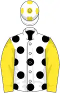 WHITE, black spots, yellow sleeves, white cap, yellow spots