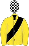 YELLOW, black sash, black and white check cap