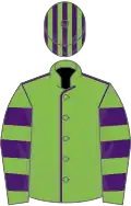 Light green, purple seams, hooped sleeves, striped cap