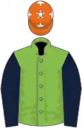 Light green, dark blue and light green hooped sleeves, orange cap, white stars