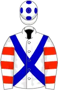 White, blue cross-belts, scarlet hooped sleeves, white cap, blue spots