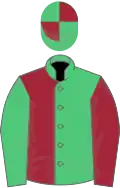 Emerald green and maroon (halved), sleeves reversed, emerald green and maroon quartered cap