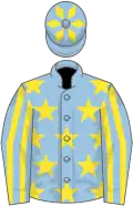 Light blue, yellow stars, striped sleeves, light blue cap, yellow diamonds