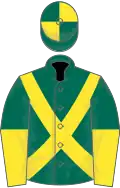 Dark green, yellow cross-belts, halved sleeves, quartered cap