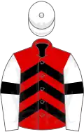 Red, black chevrons, white sleeves, black armlets, white cap