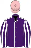 Purple, white seams, striped sleeves, pink cap