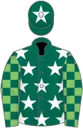 Dark green, white stars, light green and dark green check sleeves, dark green cap, white star