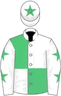White and emerald green (quartered), white sleeves, emerald green stars, white cap, emerald green star