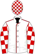 White, red seams, red and white check sleeves and cap