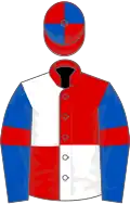 Red and white (quartered), royal blue sleeves, red armlets, red and royal blue quartered cap