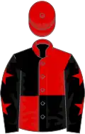 RED and BLACK quartered, BLACK sleeves, RED stars, RED cap