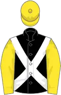 Black, white cross belts, yellow sleeves and cap