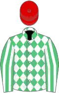 Emerald green and white diamonds, striped sleeves, red cap